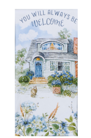 Decorative towel with a house, cat, and floral design on a white background