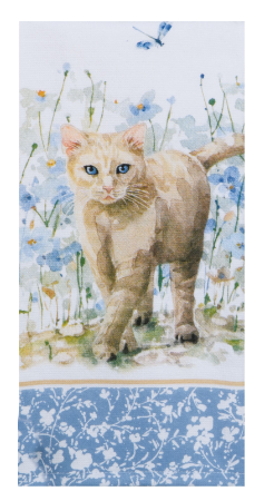 Cat in a garden with flowers and a butterfly on a blue background