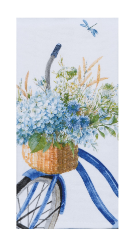Design of a blue bicycle with a basket full of flowers and a dragonfly above on a white background.