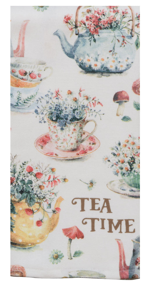 Tea towel with floral teacups, teapots, and 'TEA TIME' text on a white background