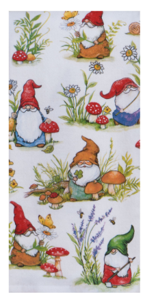 Fabric with cartoon gnomes and mushrooms pattern