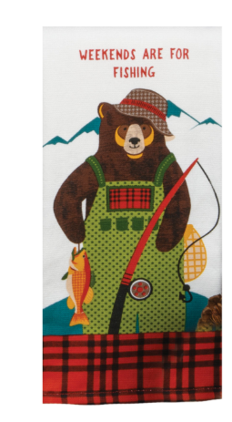 Fishing-themed towel with a bear character wearing overalls and a hat, and text 'Weekends are for Fishing'.