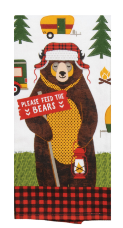 Bear towel with camping theme and text 'Please feed the bears' on a white background