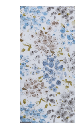 Floral patterned fabric with blue, brown, and white flowers on a white background