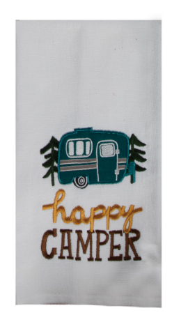 Happy Camper on white towel