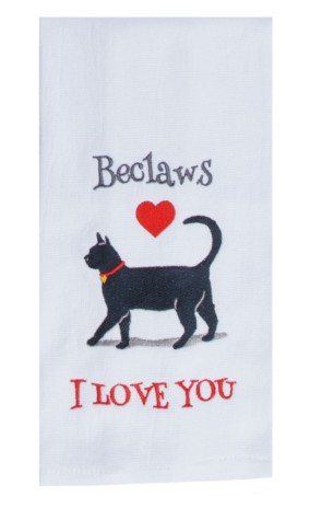 Towel with a black cat illustration, red heart, and text on a white background