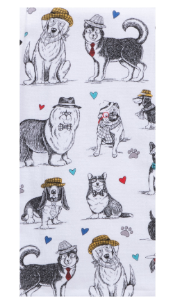 Patterned towel with illustrations of dogs wearing hats and clothing on a white background.