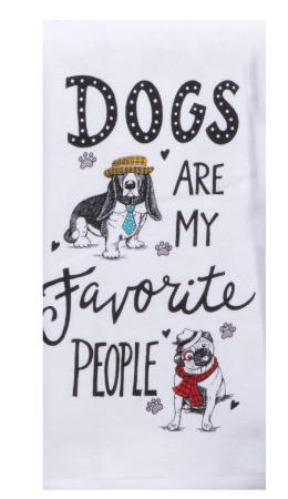 Towel with cartoon dogs and text 'Dogs are my favorite people' on a white background