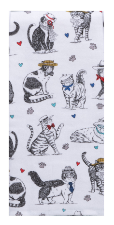 Patterned fabric with cartoon cats wearing hats and ties on a white background