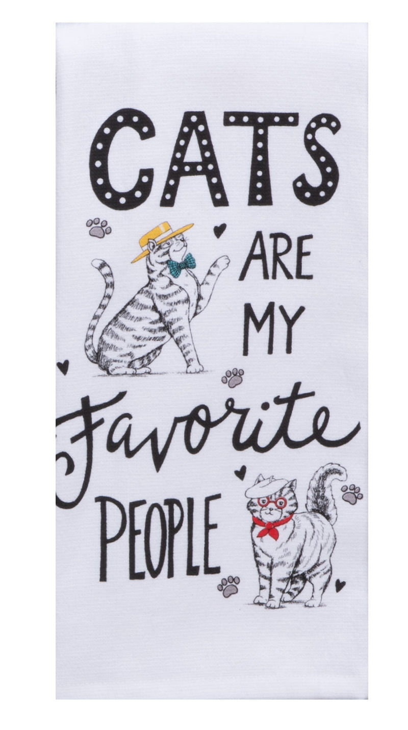Towel with cats and text 'Cats are my favorite people' on a white background