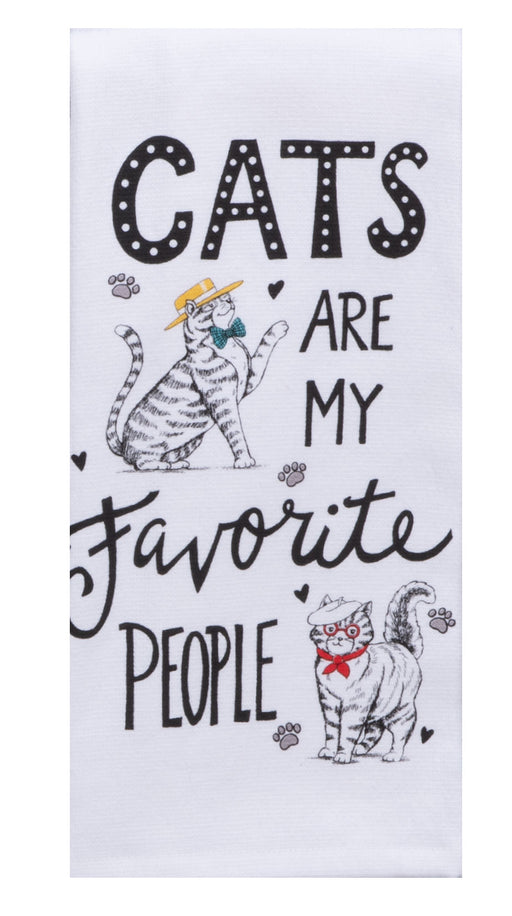 Towel with cats and text 'Cats are my favorite people' on a white background