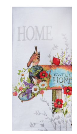 A dual purpose terry towel with a floral market theme, featuring birds and flowers, and the text 'HOME' on it.