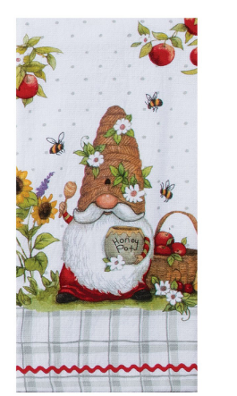 Gnome-themed kitchen towel with garden elements on a white background