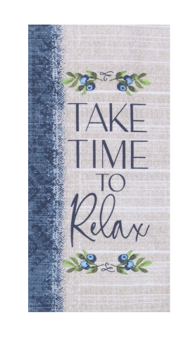 Textile with 'Take Time to Relax' print and floral designs on a white background