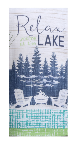 Towel with 'Relax you're at the lake' text and a scenic design of a lake and chairs.