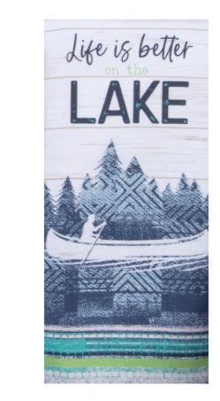 Towel with 'Life is better on the Lake' text and lake scene design.