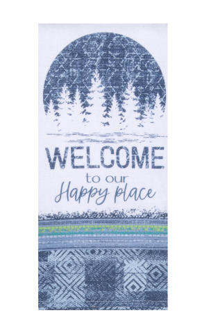 Decorative towel with forest design and 'Welcome to our Happy Place' text on a white background
