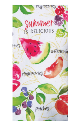 Packaging with summer fruit illustrations and text on a white background