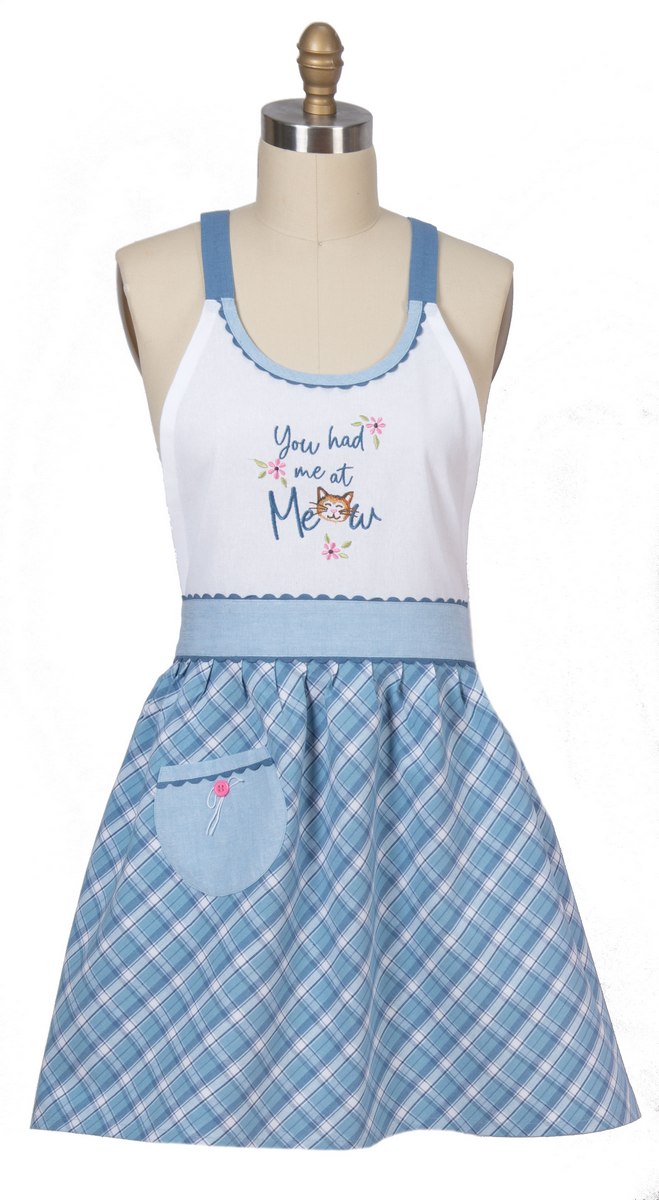 A  sleeveless apron displayed on a mannequin against a white background. The dress has a white bodice with blue trim and embroidered text reading 'You had me at Mee-ow', paired with a light blue and white plaid skirt and matching pocket.