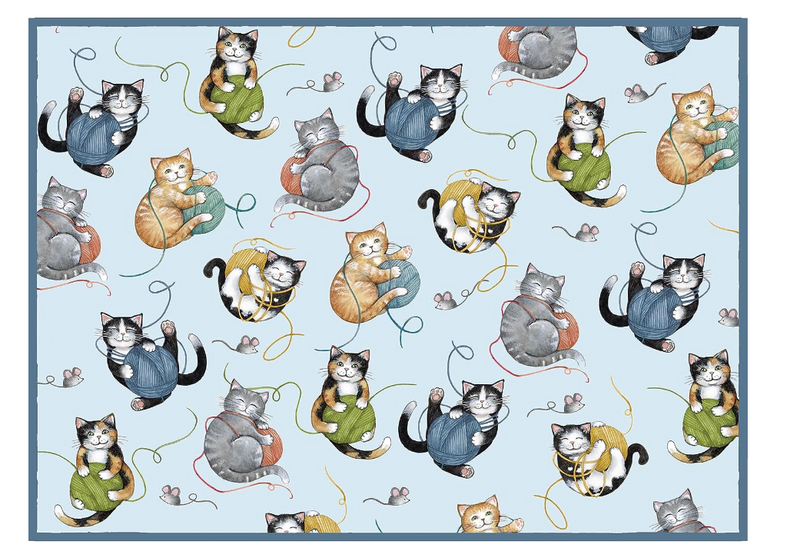 Pattern of cartoon cats in various poses on a light blue background