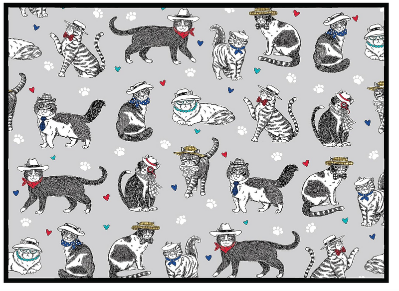 Pattern of cats wearing hats and bow ties on a gray background with paw prints.