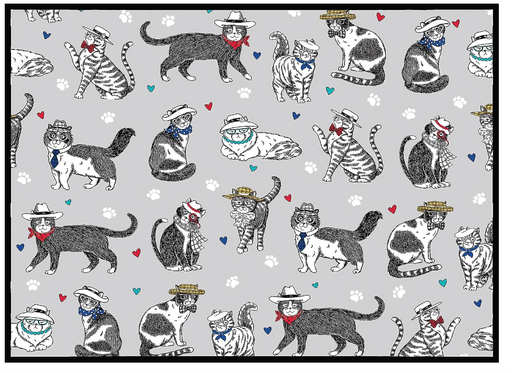 Pattern of cats wearing hats and bow ties on a gray background with paw prints.