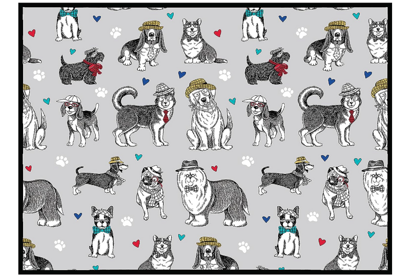 Pattern of illustrated dogs with accessories on a gray background