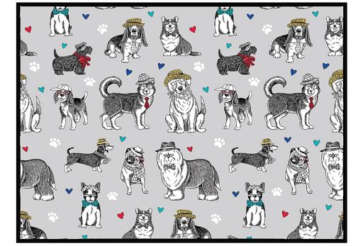 Pattern of illustrated dogs with accessories on a gray background