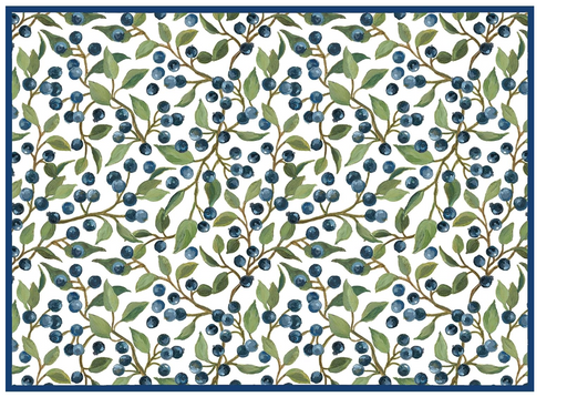 A kitchen drying mat featuring a blue and white color scheme with a leaf and berry pattern.