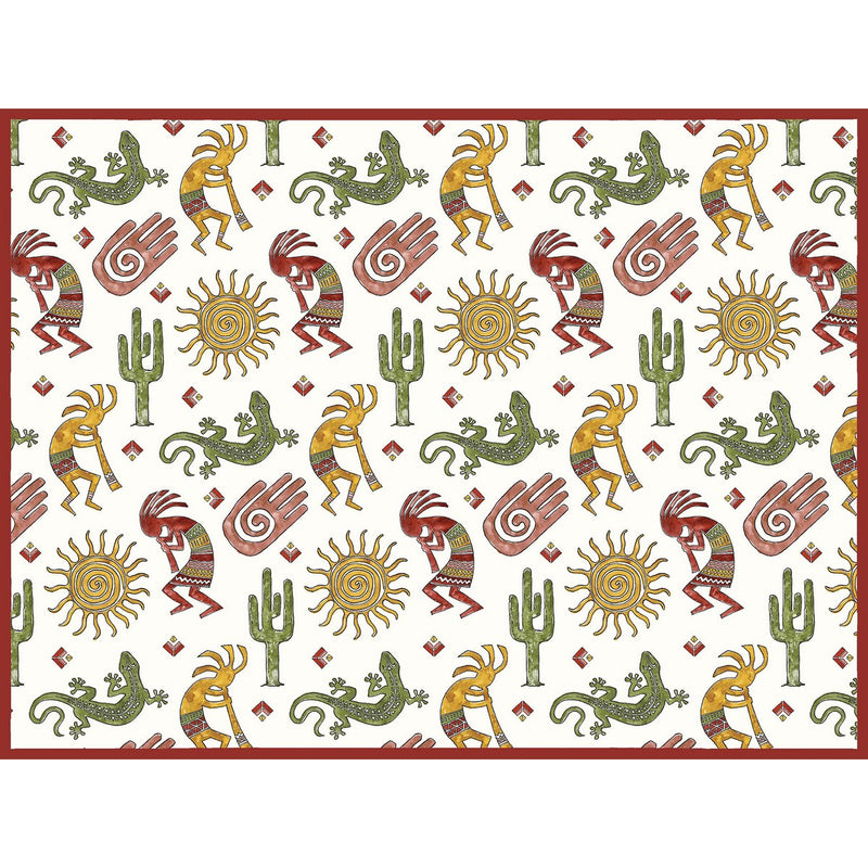 A rectangular drying mat with a repeating Southwestern-style pattern featuring koeoche figures, suns, cacti, and hand motifs in red, yellow, green, and brown on an off-white background, finished with a solid red border.