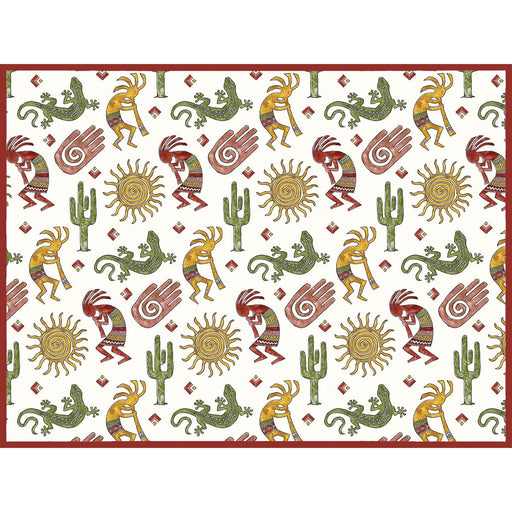 A rectangular drying mat with a repeating Southwestern-style pattern featuring koeoche figures, suns, cacti, and hand motifs in red, yellow, green, and brown on an off-white background, finished with a solid red border.
