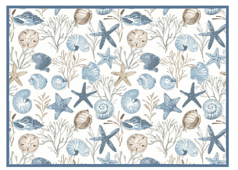 Seashell and starfish pattern on a white background