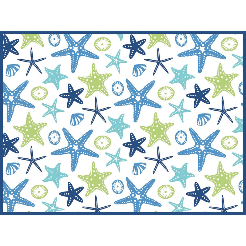 Pattern of blue, green, and gray starfish on a white background