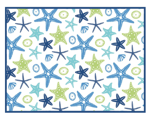 Pattern of blue, green, and multicolor starfish on a white background