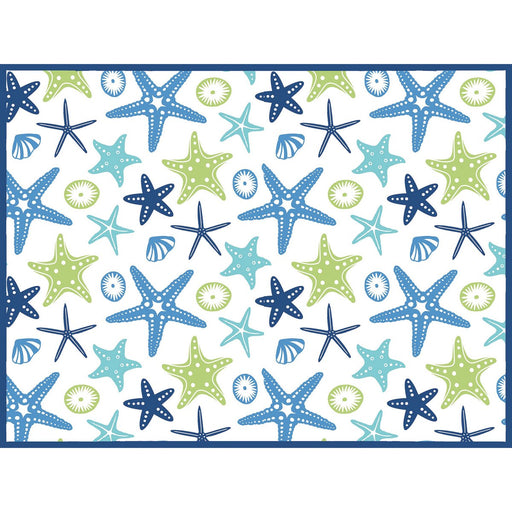 Pattern of blue, green, and gray starfish on a white background
