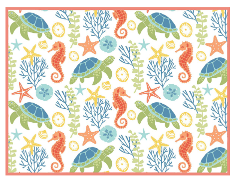 Pattern of sea turtles, seahorses, and starfish on a white background