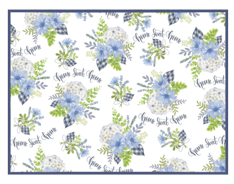 Pattern with floral arrangements and 'Home Sweet Home' text on a white background