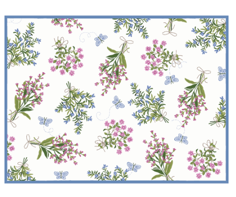 A white kitchen drying mat with a floral pattern featuring herbs and pastel colors, along with butterflies.