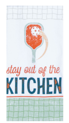 Kitchen towel with tennis racket graphic and text 'stay out of the kitchen' on a checkered background