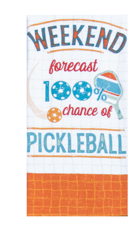 Towel with pickleball-themed text and graphics on a white background