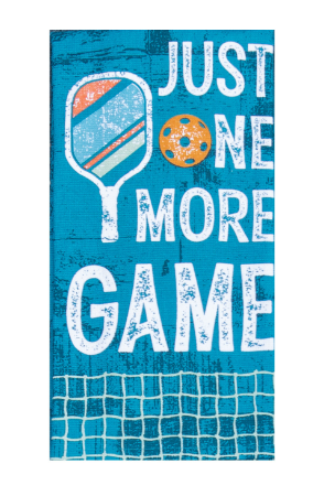 Text 'Just One More Game' with tennis racket and ball graphics on a blue background