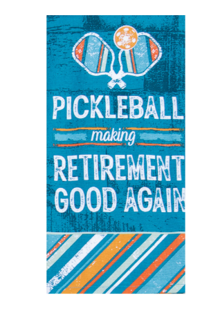 Pickleball-themed towel with text and graphics on a blue background