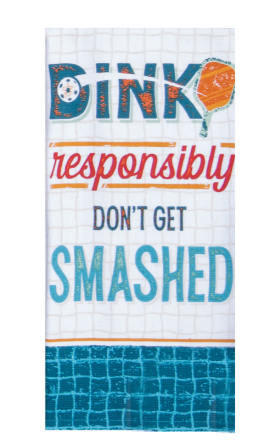 Towel with text 'Dink responsibly, don't get smashed' and sports ball graphics on a checkered background.