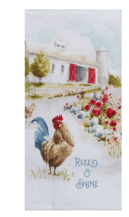 Decorative towel with a rooster and farmhouse design, featuring the text 'Rise & Shine'.