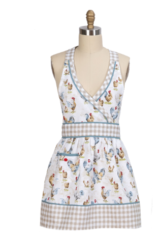 Apron with chicken pattern on a mannequin against a white background