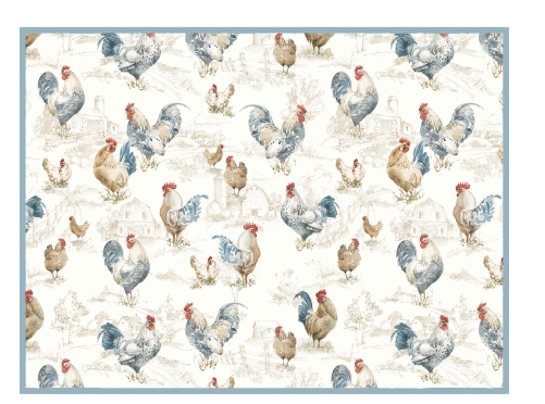 Pattern of roosters and hens on a white background