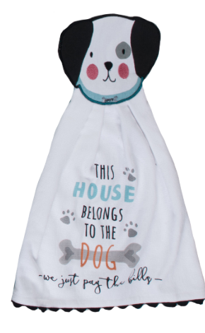Hanging towel with dog design and text on a white background