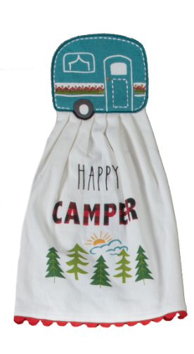 White towel with teal camper design and 'Happy Camper' text on a white background