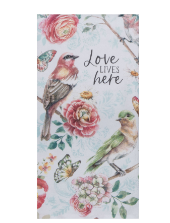 Floral and bird design with 'Love lives here' text on a white background