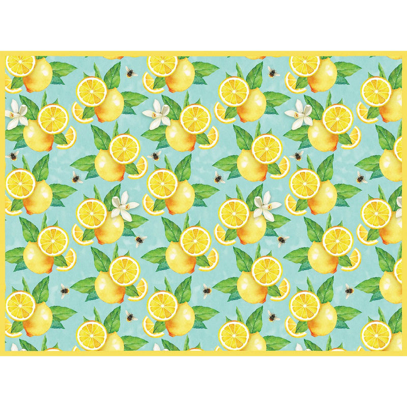 Pattern of lemons and green leaves on a blue background